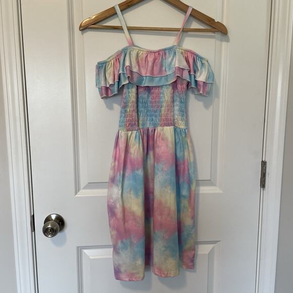 Pastel Cotton Candy Tie Dye Ruffle Off Shoulder Summer Dress Girls XL Soft Comfy - Picture 2 of 7